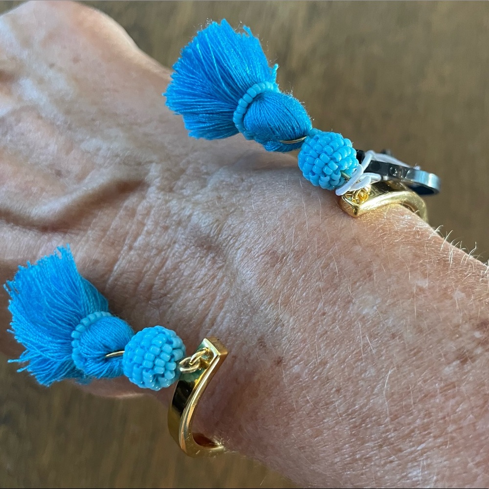 J Crew Gold Bangle Bracelet Tassel Seed Bead Blue
